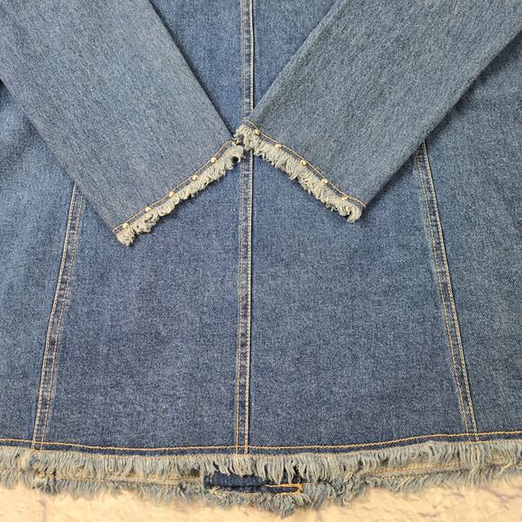Vintage Cervelle Long Fitted Denim Jacket Jean Blazer Frayed Stud Trim sz Large - Picture 14 of 15